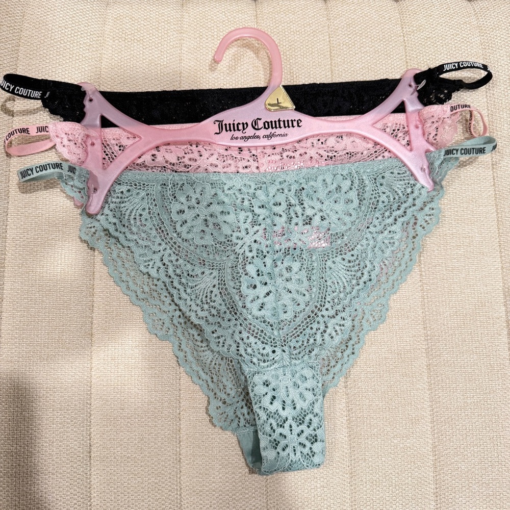 NEW Juicy Couture Intimates Womens Lace Panties 3-Pack Straps Black Pink Green L